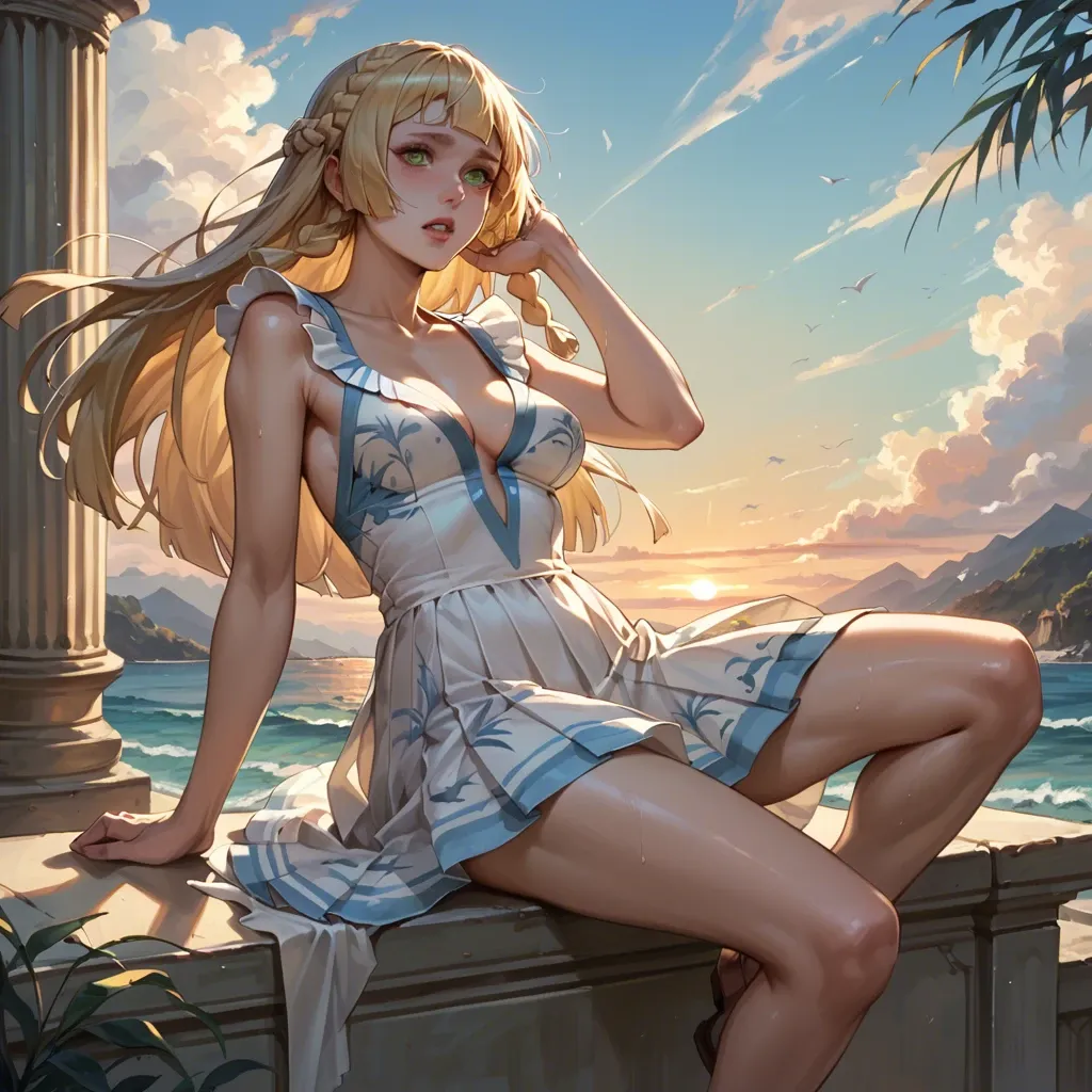 Lillie, detailed face, natural size 46 chest, printed pleated dress with cleavage, dress lifted by the wind, with a hand behind her head, sit on a terrace of the mediterranean coast, sunset, colorfull scene