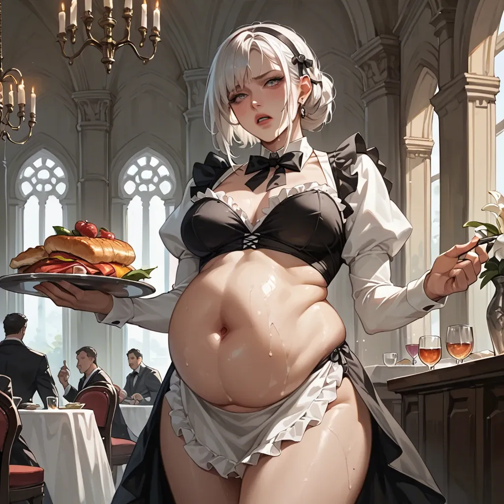 the girl works as a waiter in beautiful clothes White hair is long and has a big belly