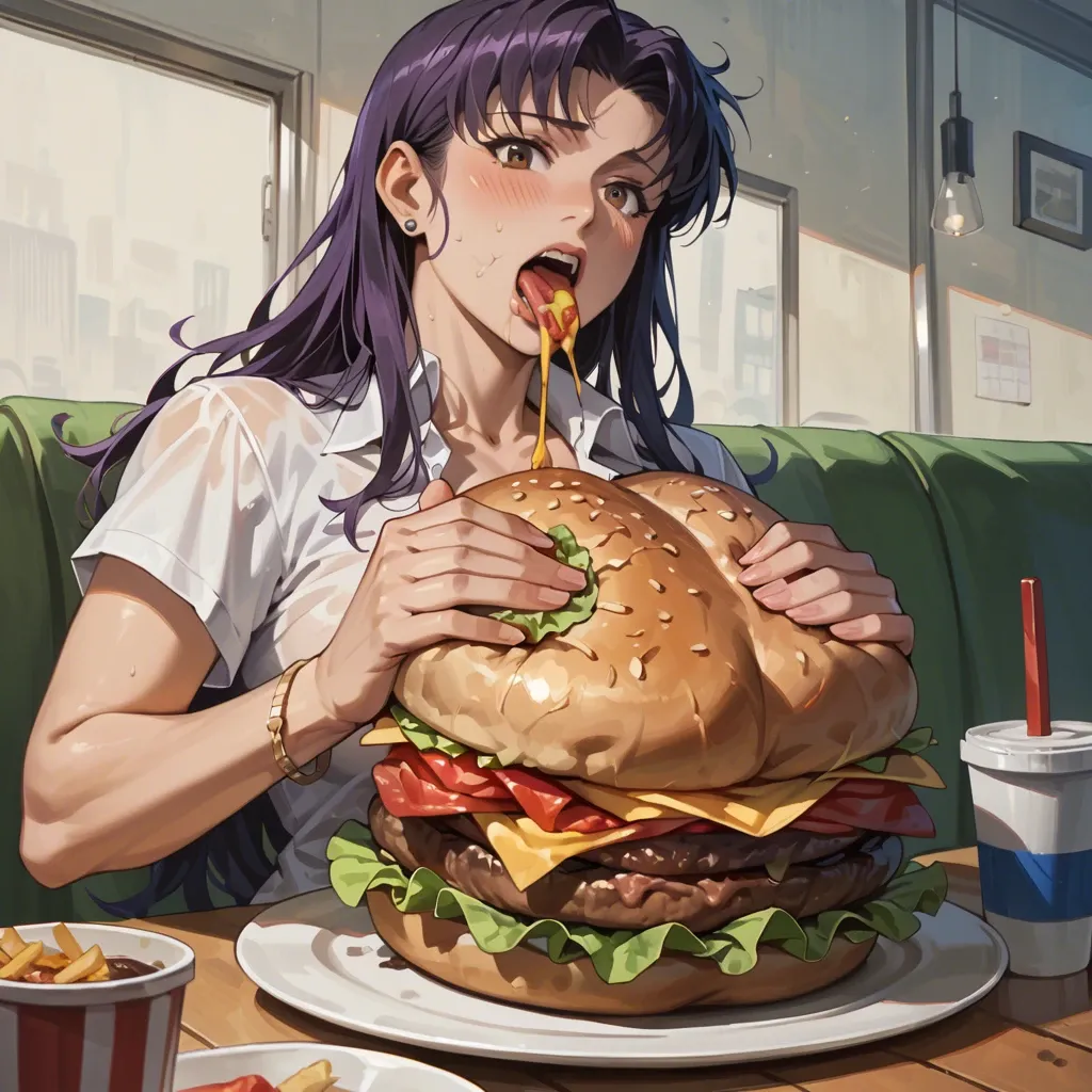 Misato Katsuragi with big boobs and gigantic belly, eat a big burger