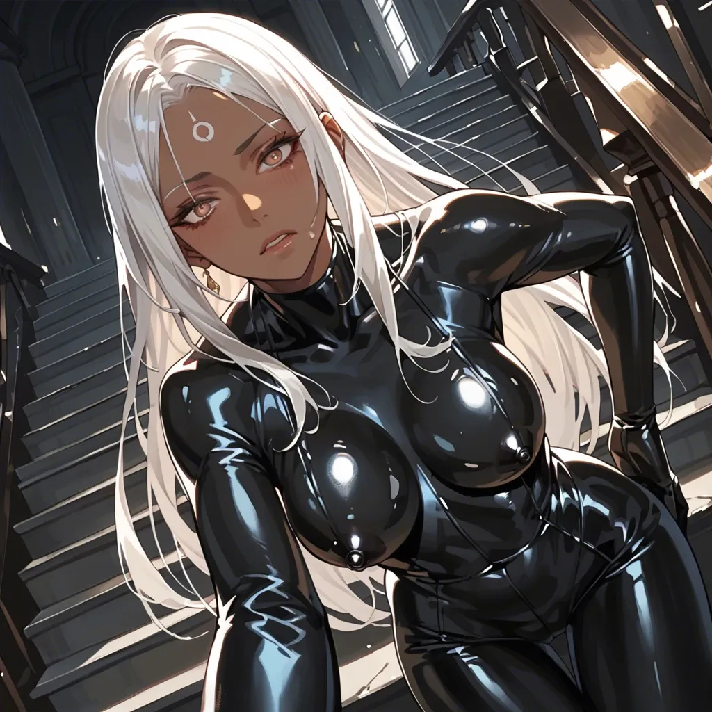 1girl, solo, (Character horikita), (perfect face: 1,2), beautiful eyes, white hair,The forehead is open, (dark skin: 1,2), all in a black latex suit, goes down the stairs