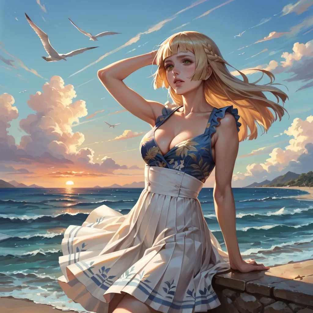 Lillie, detailed face, natural size 46 chest, printed pleated dress with cleavage, dress lifted by the wind, with a hand behind her head, on a terrace of the mediterranean coast, sunset, colorfull scene