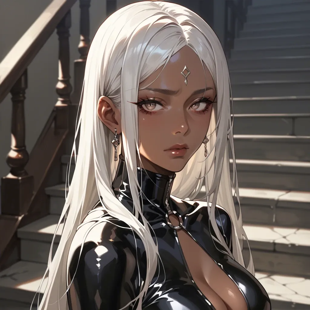 1girl, solo, (Character horikita), (perfect face: 1,2), beautiful eyes, white hair,The forehead is open, (dark skin: 1,2), dominant,all in a black latex suit, goes down the stairs