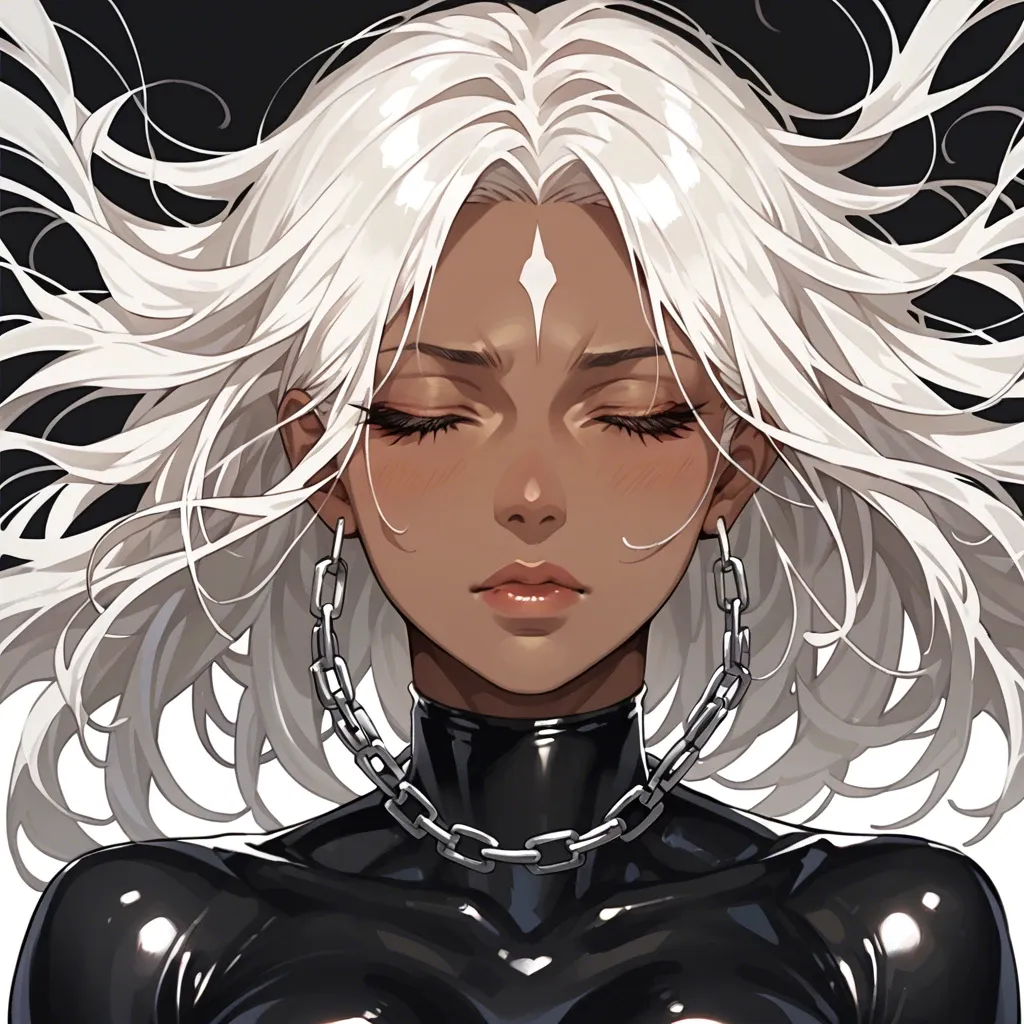 1girl, solo, (Character horikita), (perfect face: 1,2), beautiful eyes, white hair,The forehead is open, (dark skin: 1,2), closed eyes, all in a black latex suit, hands shackled above her head