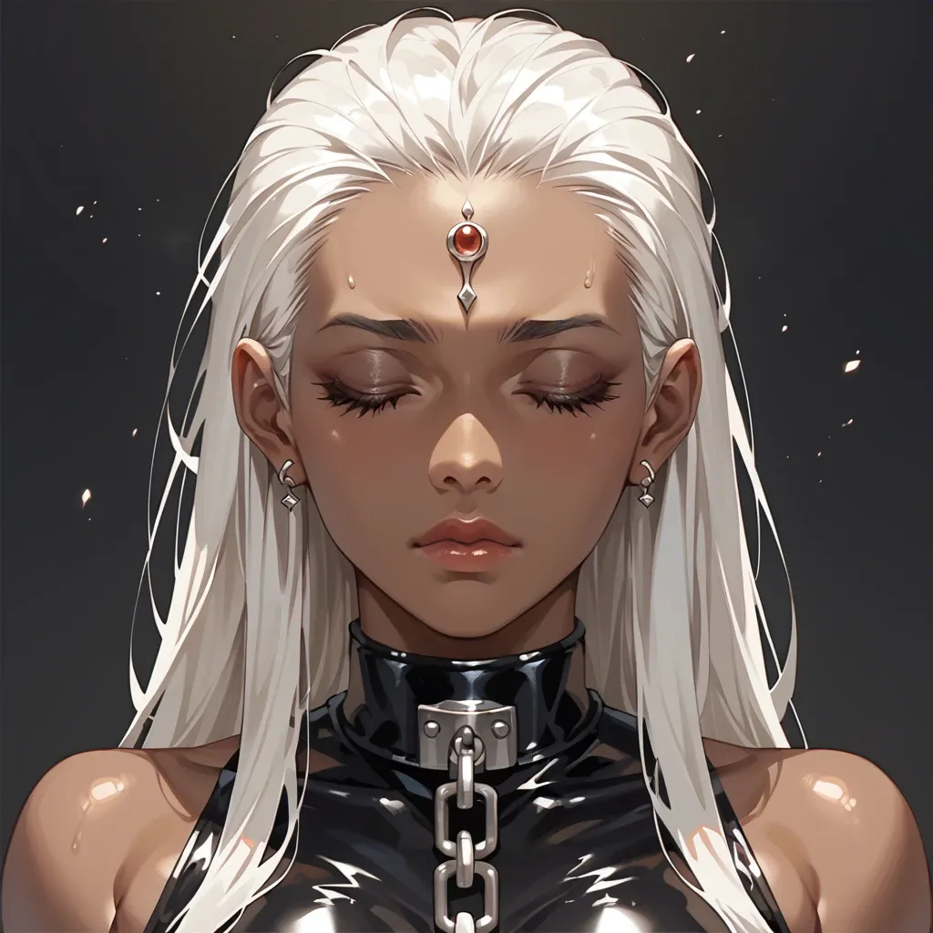 1girl, solo, (Character horikita), (perfect face: 1,2), beautiful eyes, white hair,The forehead is open, (dark skin: 1,2), eyes closed,all in a black latex suit, hands shackled above her head,