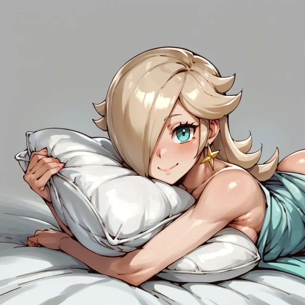 doppel, rosalina, cute, smiling, laying on stomach, massive ass, side view, fully nude, grey background, holding white pillow, bed, solo