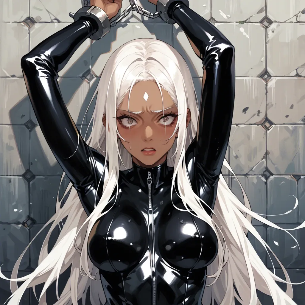 1girl, solo, (Character horikita), (perfect face: 1,2), beautiful eyes, white hair, The forehead is open, (dark skin: 1,2), shock, all in a black latex suit, hands shackled above her head,