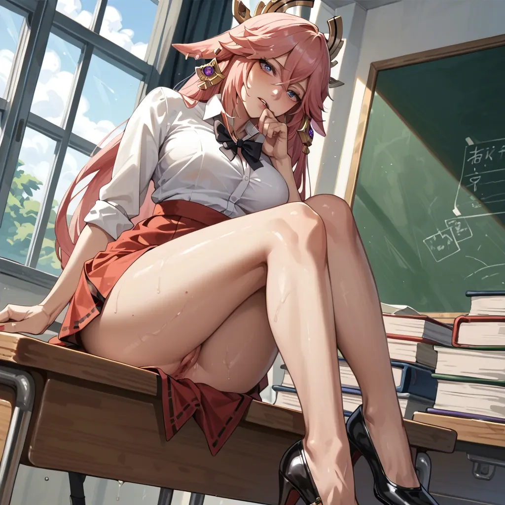 Yae Miko, teacher outfit, sitting on desk, upskirt