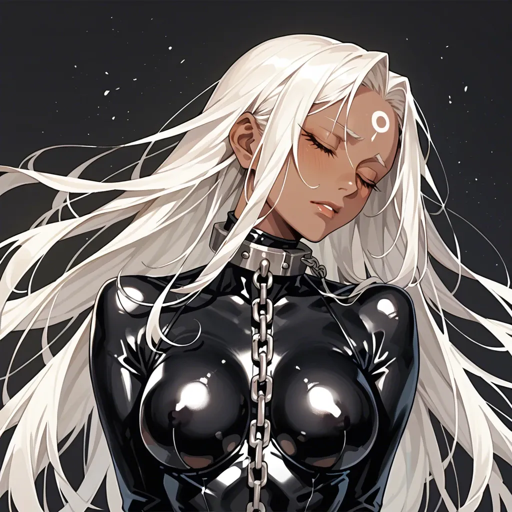 1girl, solo, (Character horikita), (perfect face: 1,2), beautiful eyes, white hair, eyes closed, The forehead is open, (dark skin: 1,2),all in a black latex suit, hands shackled above her head,