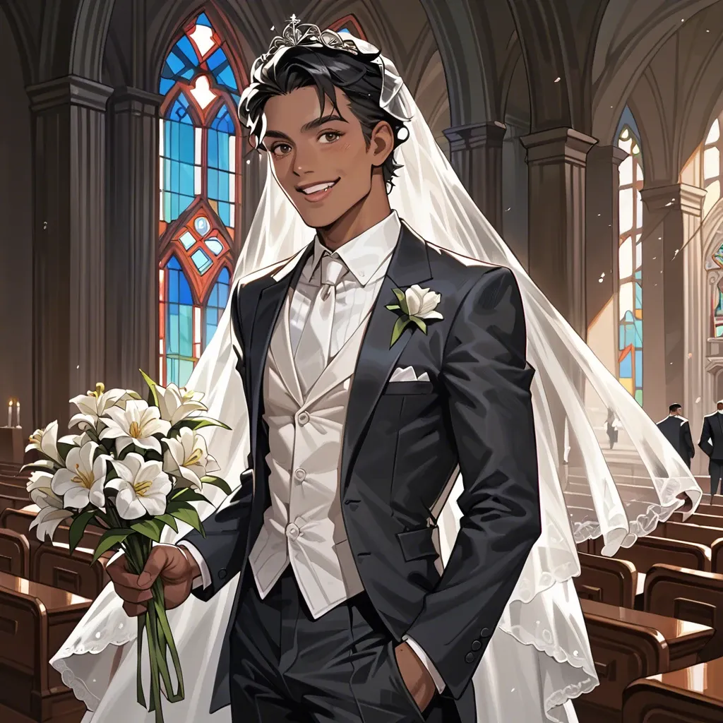 Comics,detailed,church altar, slim cute dark-skinned latina bride, black hair, smiling,rubbing ass,cum in hair, sexy wedding dress,holding flowers, young man in suit, standing