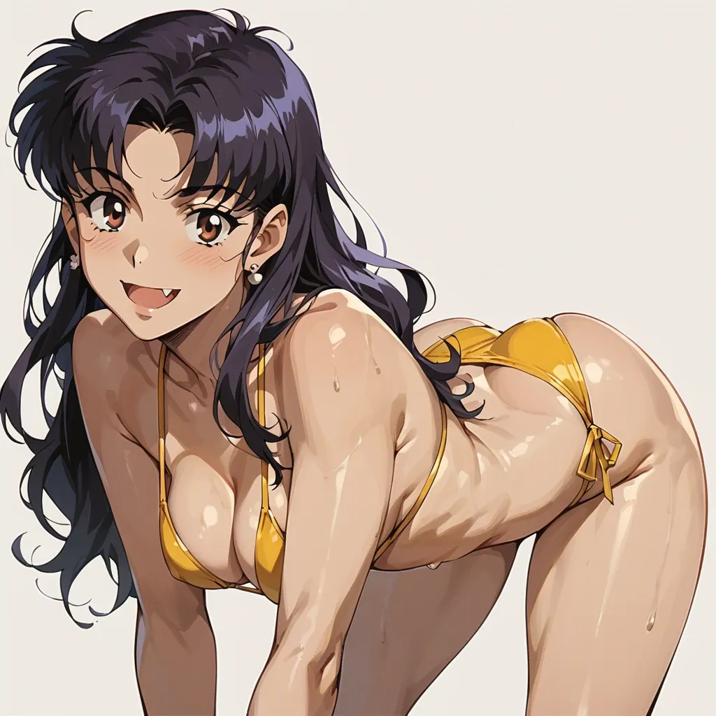 retro artstyle, misato katsuragi, yellow bikini, smile, skin fang, mini brestsbreasts, bubble butt