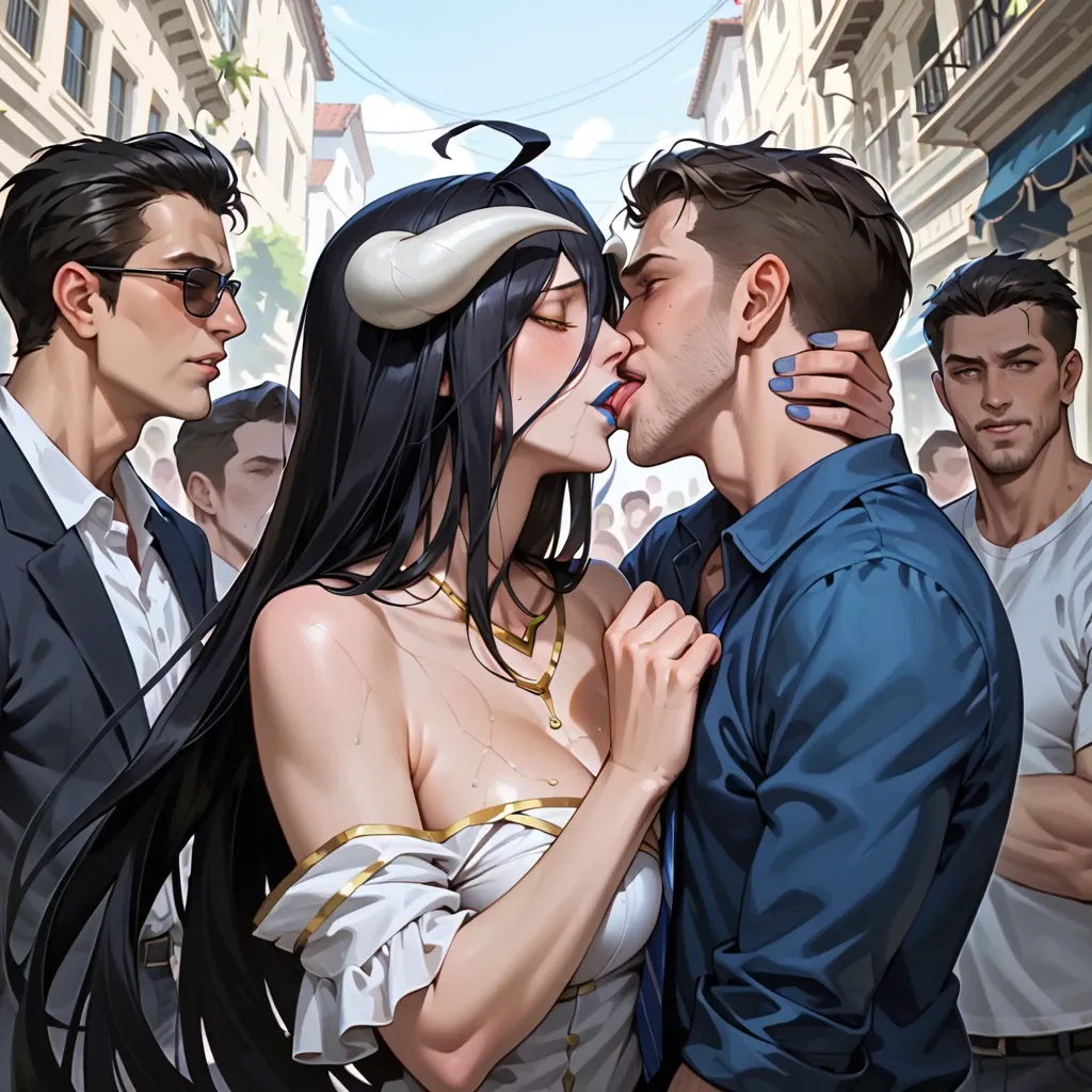 Albedo,kissing,animal,,,,,,,, blue lipstick,black hair,in public ,everyone is watching