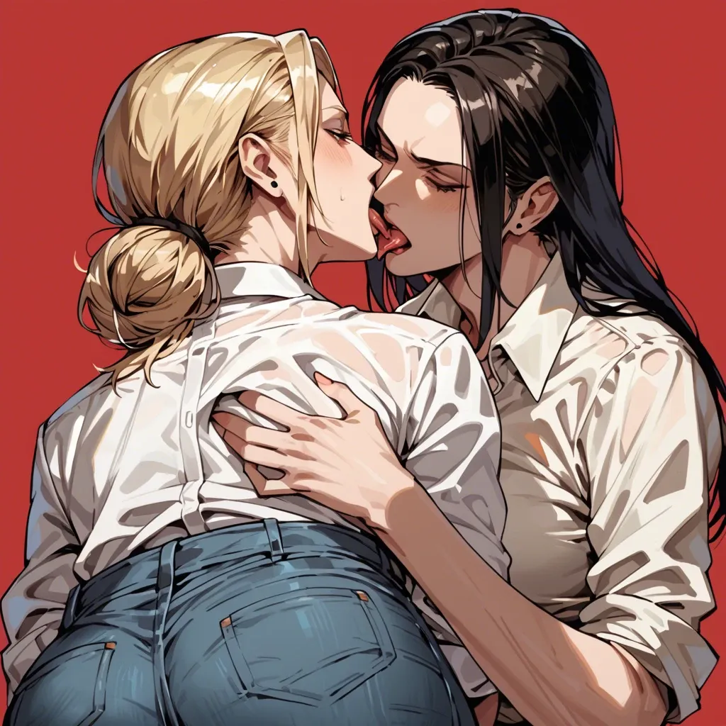 Nina williams, 2girl black woman black hair, red background, blonde hair, jeans, white office shirt, lick bootocks, caressing butt, touch body, lesbian