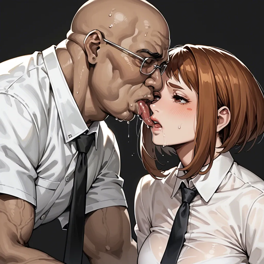 Ochako Uraraka , black background,grey tiles, white shirt,sad expression,ugly dark skin fat indian bald vikram wearing black tie,Ochako Uraraka anilingus ass, vikram anilingus ass