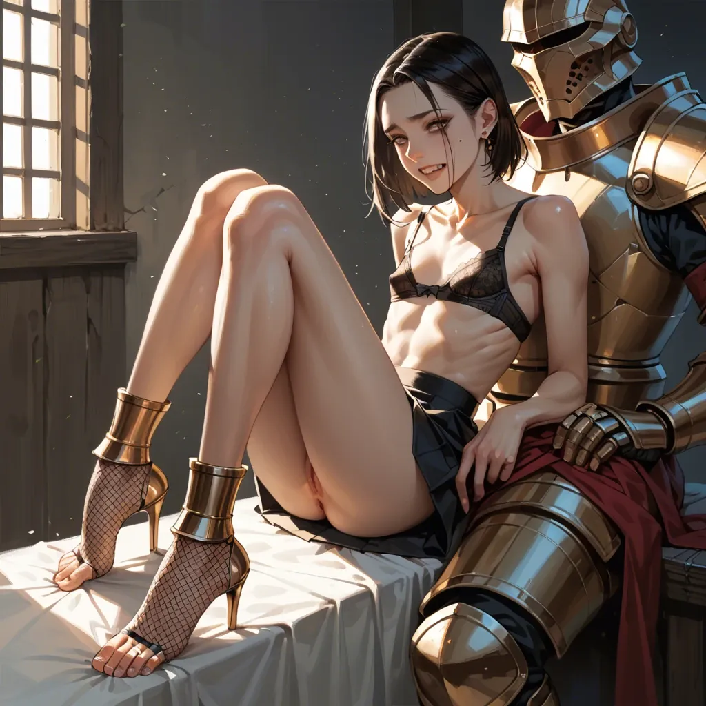 1girl,1boy, , , , mole under eye,nice feet,flat chest,love handles,skinny legs, perfect teeth,feet,saggy breast,backlighting,ankle, skirt,fishnet thighs,gold jewelry,bra lift,armored boots, pink skirt,laced bodysuit,suspenders,latex corset,armored boots, maebari, alleyway, throne room, ball gag, detailed art, backlit, 2b, anna, waifu