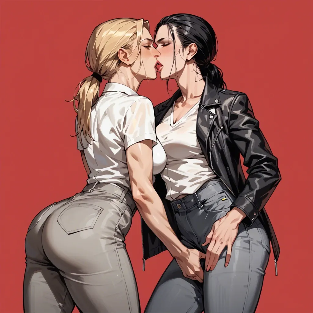 1girl, lesbian, caressing butt, kiss, lick, nina williams, blonde hair, red background, white shirt, grey trousers, 2girl, black jeans, black hair, black jacket, white shirt