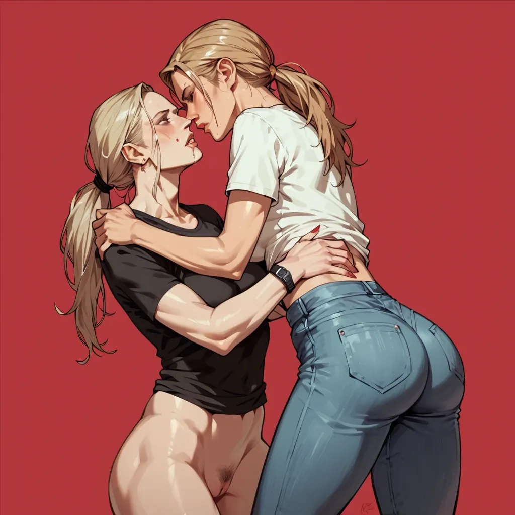 Nina williams, Hermione Grainger, red background, lesbian, shirt, jeans, butt on face, standing