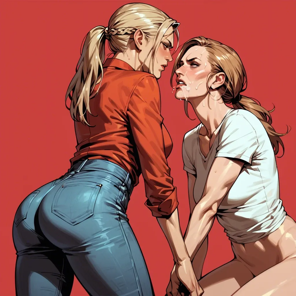 Nina williams, Hermione Grainger, red background, lesbian, shirt, jeans, butt on face, standing, caressing