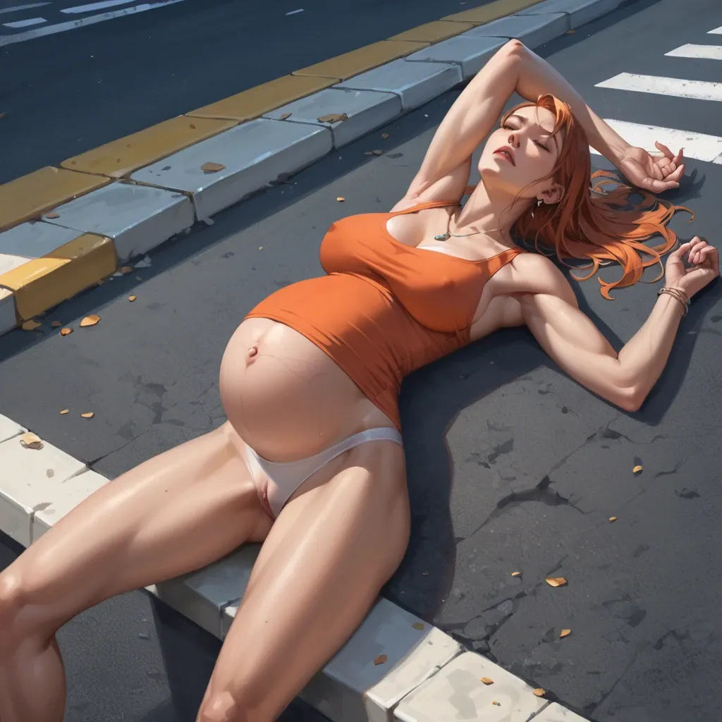 pregnant slender Nami, wear tanktop and hot pants, pass out on street, lay down, closed eyes, hands spread