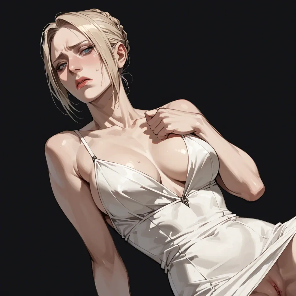 Nina williams, black bedroom background,grey tiles, white dress,sad expression,