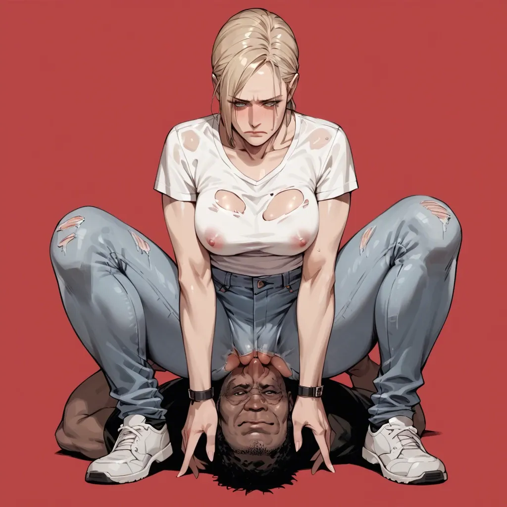 Nina williams, red background,grey tiles, white shirt,white jean pant jeans,sad expression,ugly fat dark skin man,facesitting