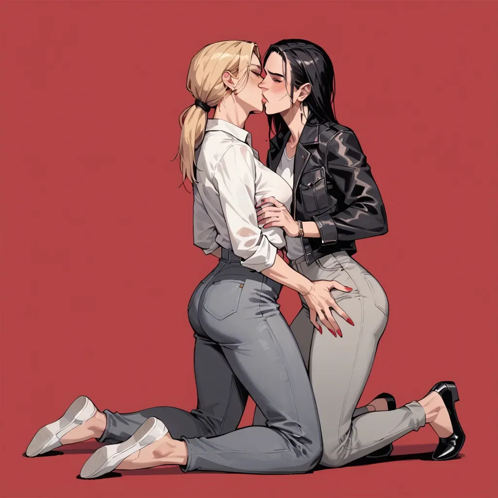 1girl, lesbian, caressing butt, kiss, lick, full body view, nina williams, blonde hair, red background, white shirt, grey trousers, 2girl, black jeans, black hair, black jacket, white shirt