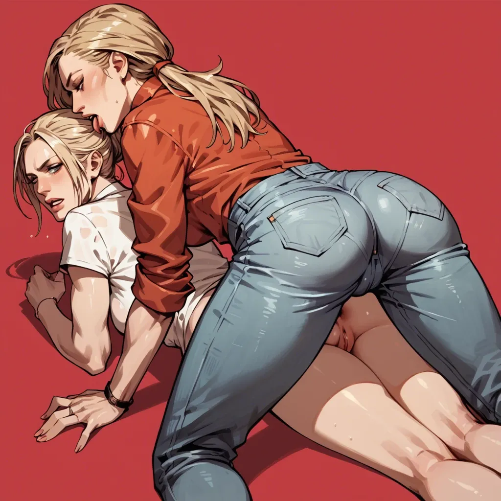 Nina williams, Hermione Grainger, red background, lesbian, shirt, jeans, lick ass, lesbian