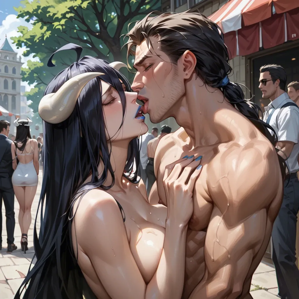 Albedo,kissing,cow,,,,,,,, blue lipstick,black hair,in public ,everyone is watching