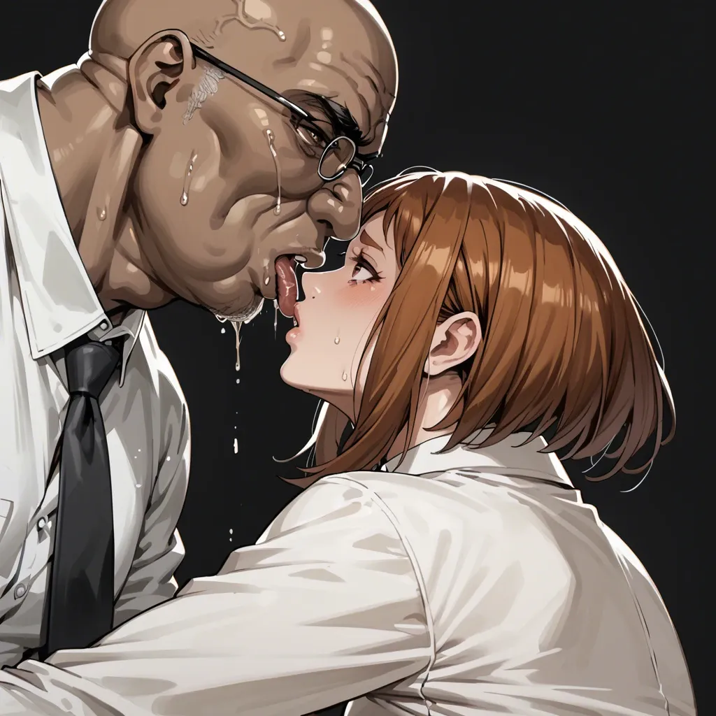 Ochako Uraraka , black background,grey tiles, white shirt,sad expression,ugly dark skin fat indian bald vikram wearing black tie,Ochako Uraraka anilingus ass, vikram anilingus ass