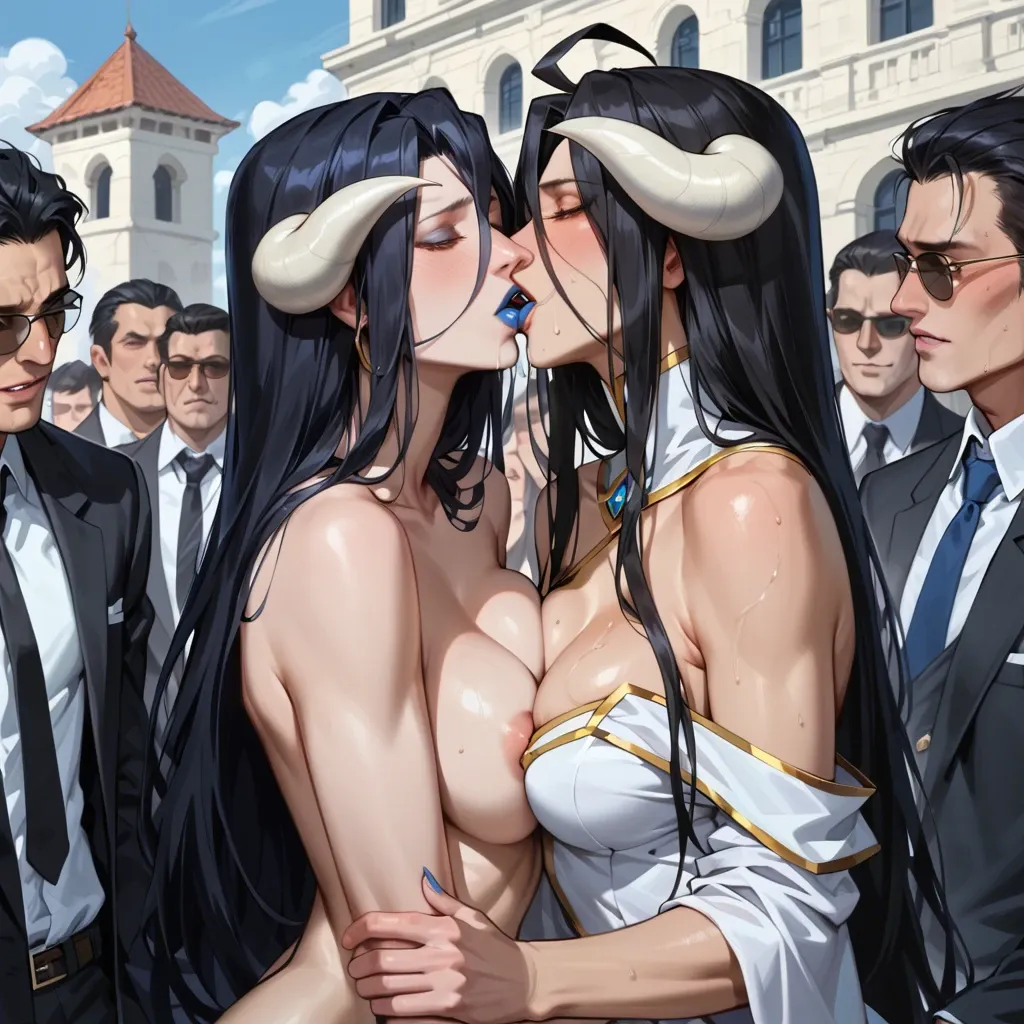 Albedo,kissing, eren yeager,,,,,,,,, blue lipstick,black hair,in public ,everyone is watching