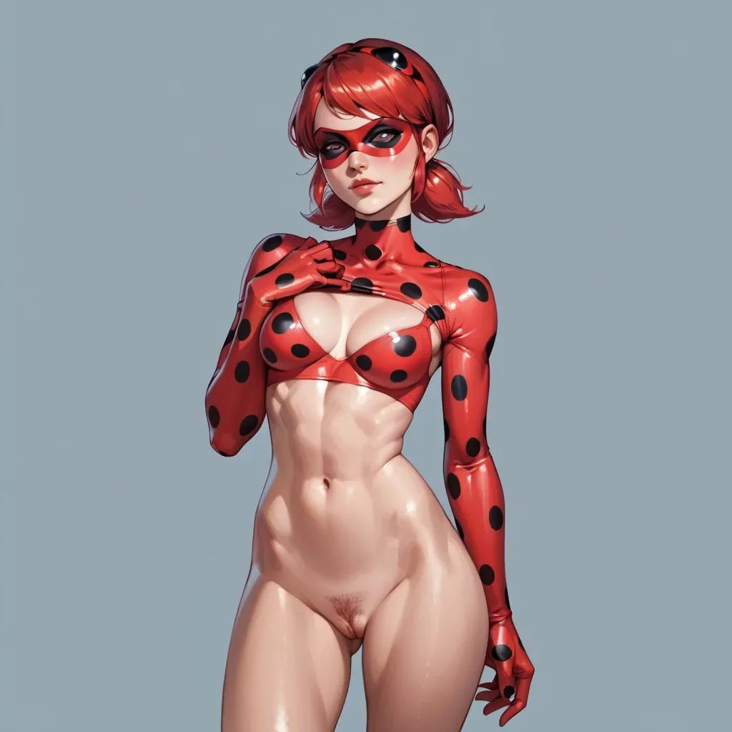 Miraculous LadyBug standing in a sexy position on a pink backgrounddressed in regular clothes from the animated series