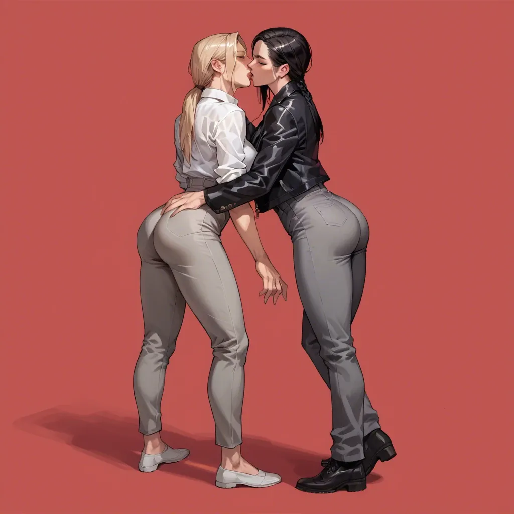 1girl, lesbian, caressing butt, kiss, lick, full body view, nina williams, blonde hair, red background, white shirt, grey trousers, 2girl, black trousers, black hair, black jacket, white shirt