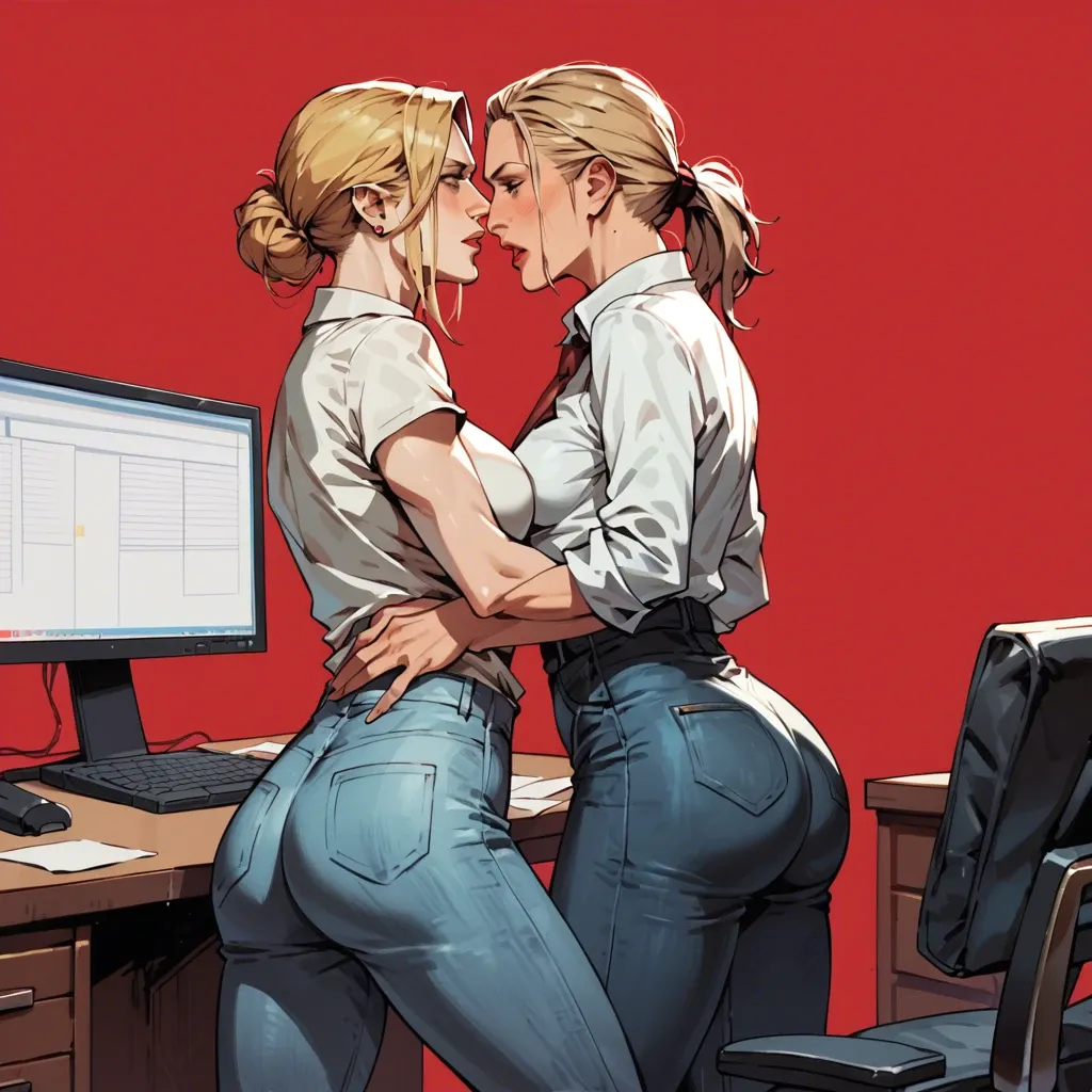 Nina williams, Hermione Grainger, red background, blonde hair, office, lesbian, shirt, jeans, butt on face, standing, caressing