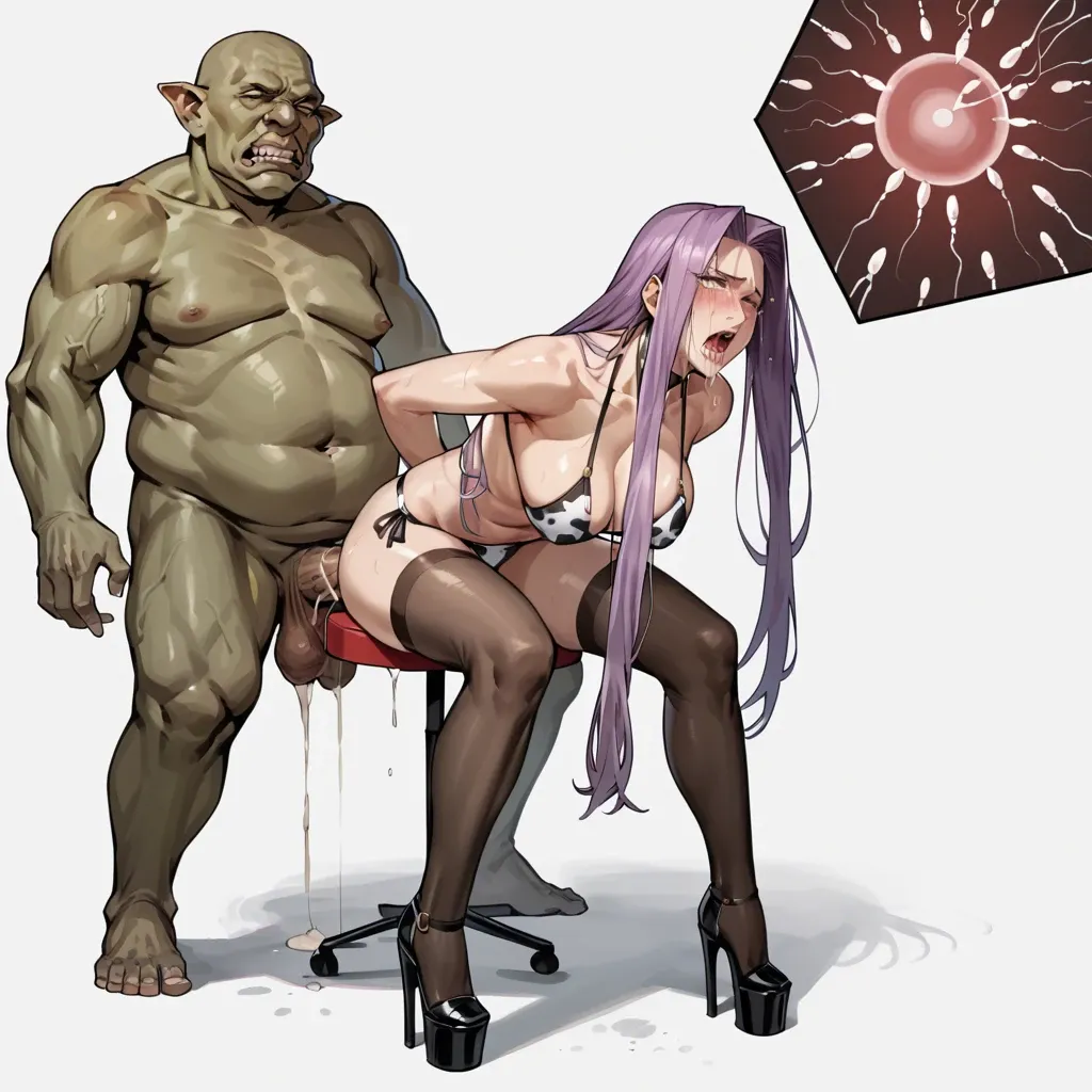 medusa (fate),stockings,platform heels,brutal thrusting,impregnation,absurdres,comic,mind blank mind broken expression,orgasmed,tears,ugly goblin,coming too late,cow bikini