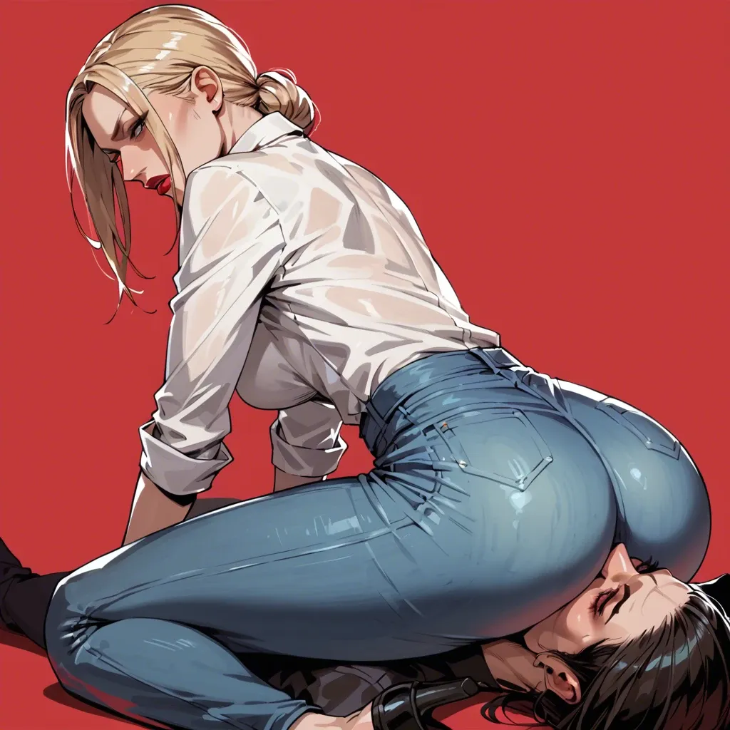 2girl, red background, nina williams, office shirt, office jeans, Face sitting, butt on face, kiss the ass, lesbian