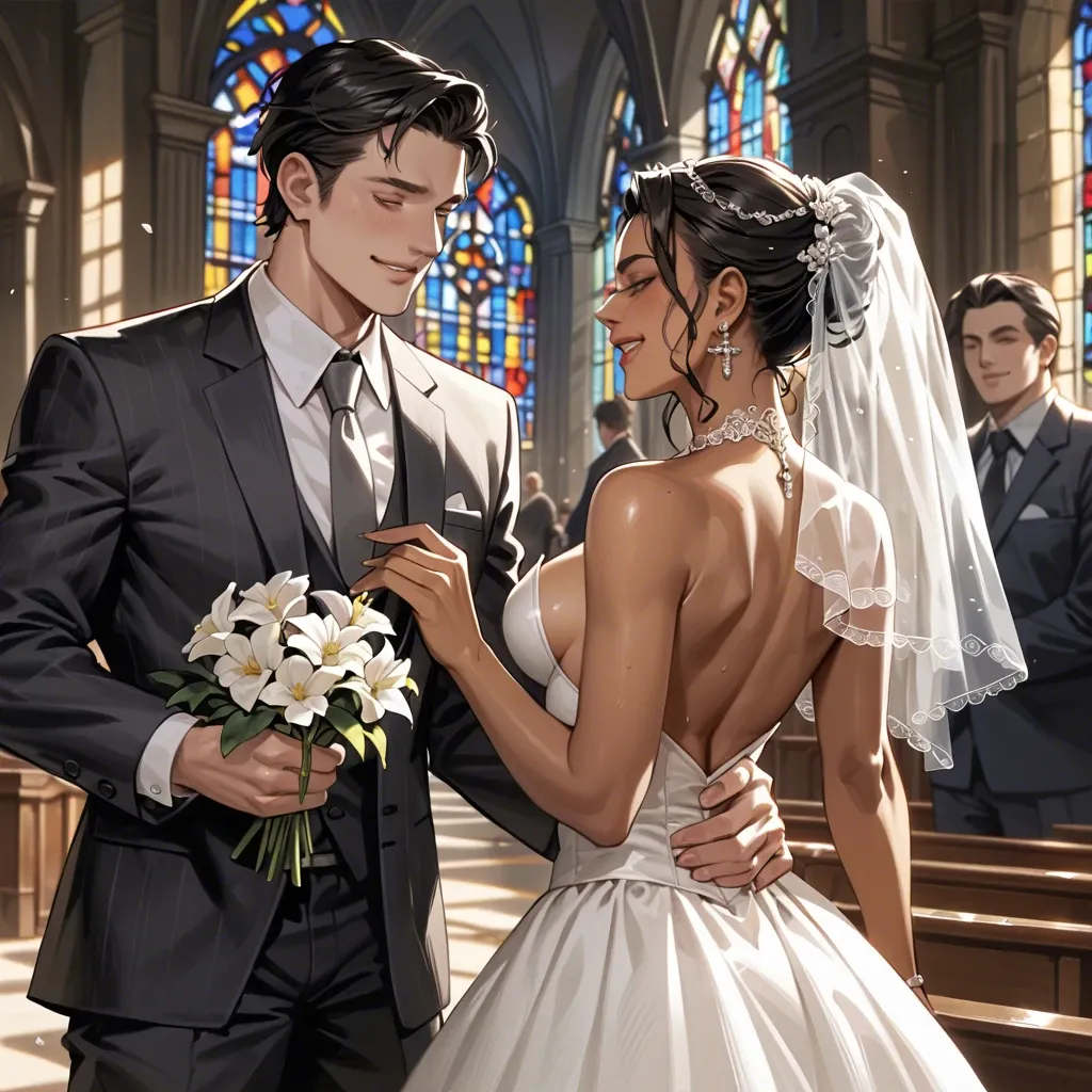 Comics,detailed,1girl,1man,church altar, slim cute dark-skinned latina bride, black hair, smiling,rubbing ass,cum in hair, sexy wedding dress,holding flowers, young man in suit, standing