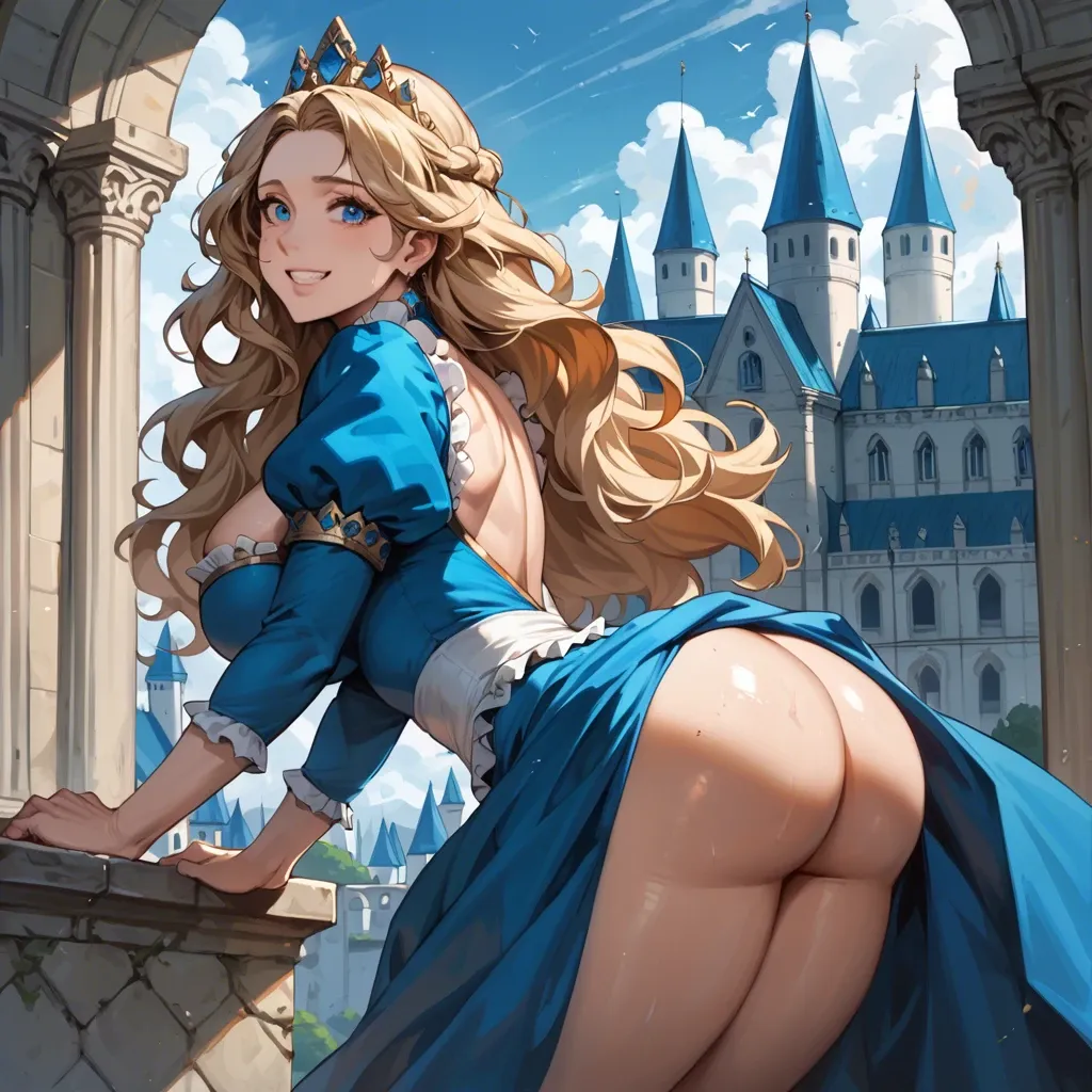 Massive tits and ass, big hips, huge thick thighs, love handles, thick, curvy, PAWG, cute, long wavy blonde hair, blue eyes, castle, princess, blue, regal dress, smiling