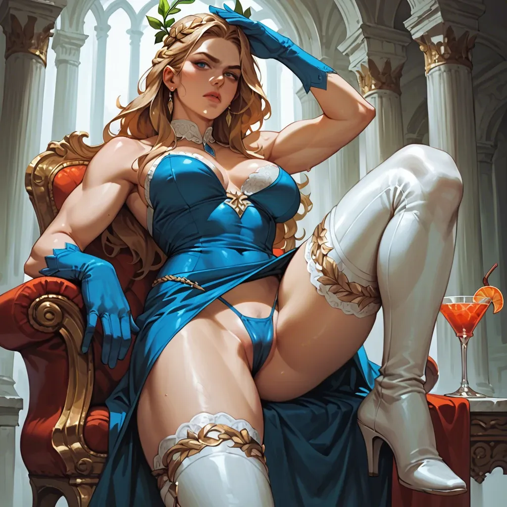 1girl,solo, , , , perfect nose,handsome,round big tits,backwards,knee up, black miniskirt,pantyhose,blue gloves,showing thong,thigh boots, cocktail dress,white socks,laurel crown,white bra,platform heels, painful shibari, waterfall, cyberpunk, leashed, zelda, jasmine, waifu