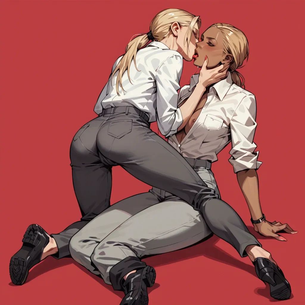 2girl, lesbian, caressing butt, kiss, lick, full body view, nina williams, blonde hair, red background, white shirt, grey trousers, dark skin other girl with black trousers