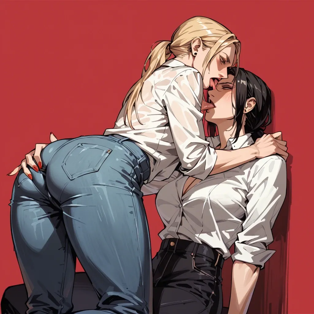 Nina williams, 2girl black woman black hair, red background, blonde hair, jeans, white office shirt, lick butt, touch body, lesbian