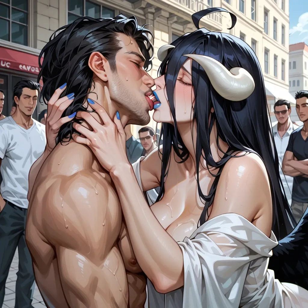 Albedo,kissing,yasuo,,,,,,,, blue lipstick,black hair,in public ,everyone is watching