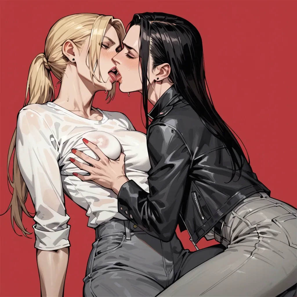 1girl, lesbian, only face view, caressing, kiss, lick, nina williams, blonde hair, red background, white shirt, grey trousers, 2girl, black jeans, black hair, black jacket, white shirt