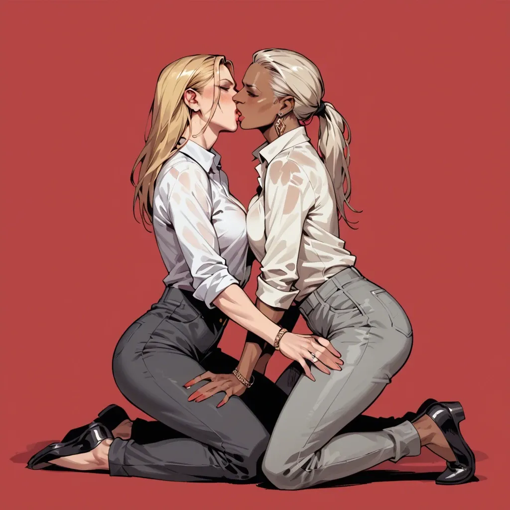 2girl, lesbian, caressing, kiss, full body view, nina williams, blonde hair, red background, white shirt, grey trousers, dark skin other girl with black trousers