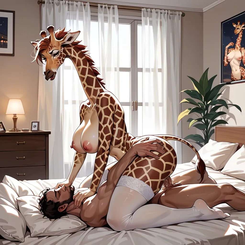 Giraffe, furry, large breasts, large ass, curvy body, pussy juice, human, bedroom, bed, night, cowgirl, white stockings, kiss, holding head