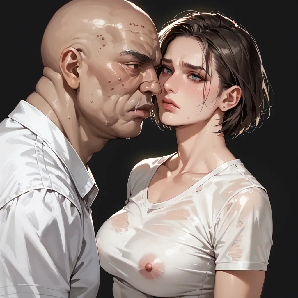 Jill Valentine, black background,grey tiles, white shirt,white jean pant jeans,sad expression,ugly fat dark skin black evil bald indian black hair white shirt man,