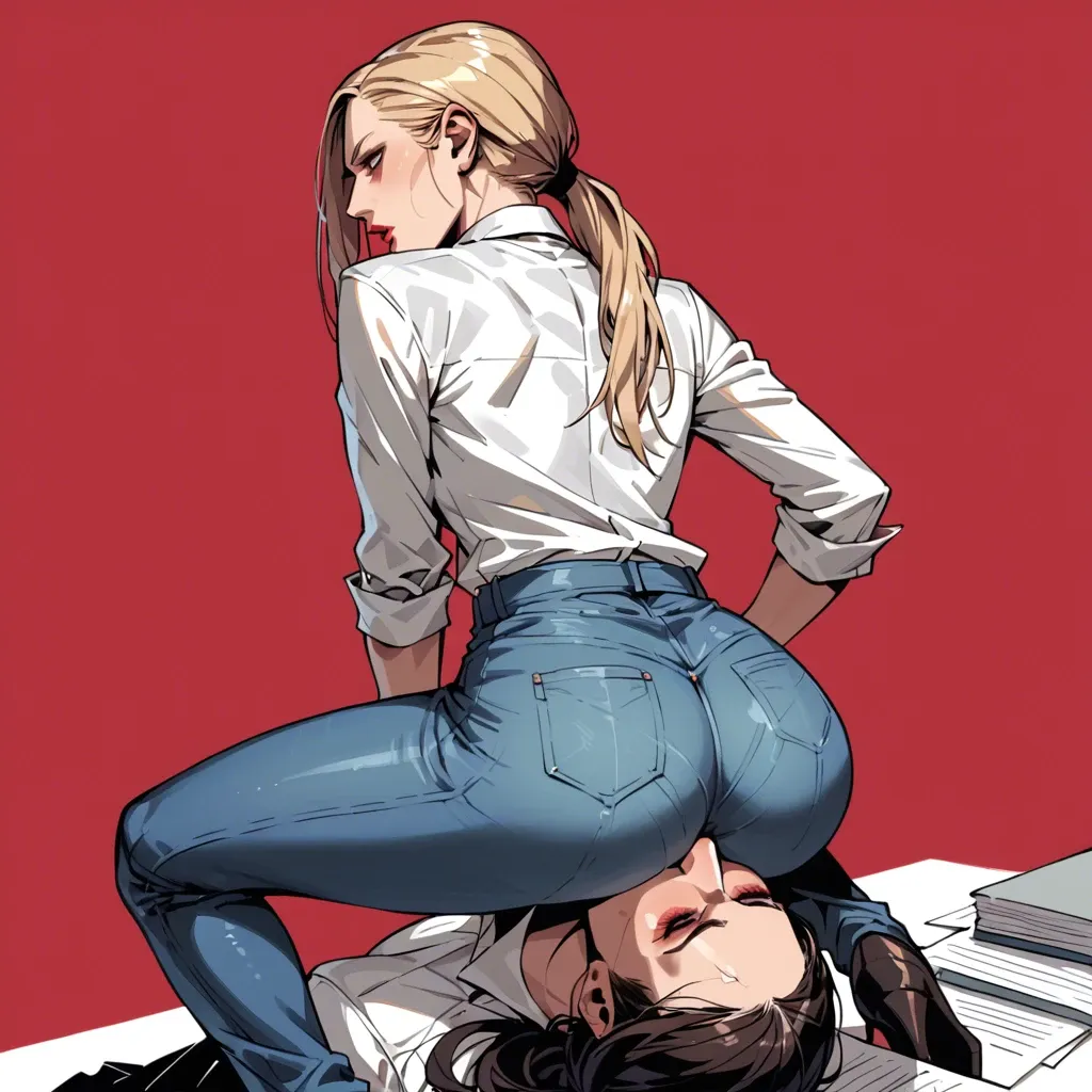 2girl, red background, nina williams, office shirt, office jeans, Face sitting, butt on face, kiss the ass, lesbian