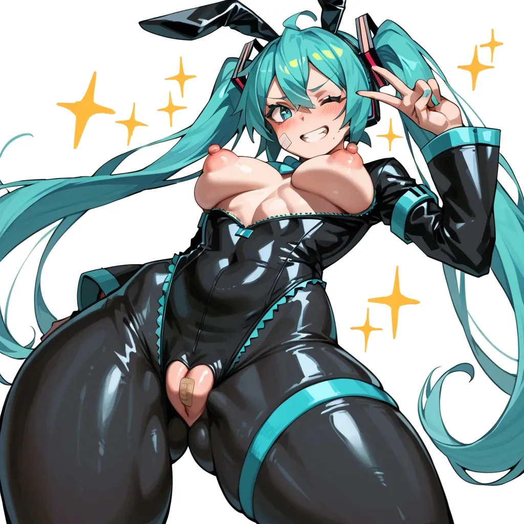 buckethead ero, hatsune miku, peace, wink, reverse bunny suit, cross bandaid on pussy, smug face, sparkles, mini breasts, huge nipples, puffy nipples, puffy cameltoe, massive thighs