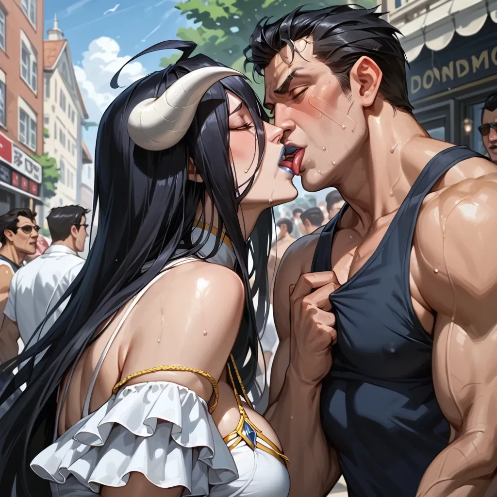 Albedo,kissing, Donald trump,,,,,,,,, blue lipstick,black hair,in public ,everyone is watching