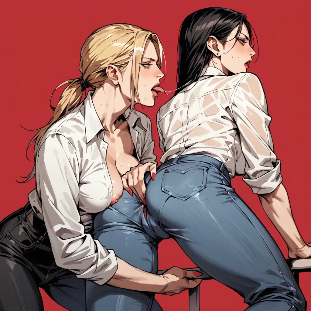 Nina williams, 2girl black woman black hair, red background, blonde hair, jeans, white office shirt, lick butt, touch body, lesbian