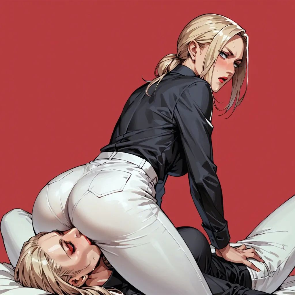 2girl, red background, nina williams, office shirt, women white trousers, sit on face, butt on face, kiss butt, standing, lesbian