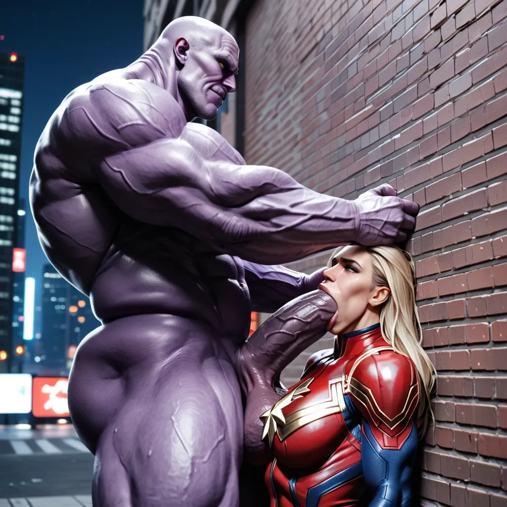 Captain Marvel, pressed against wall, deepthroat, head held down, Thanos, extreme massive bulging hyper penis, massive swollen balls, New York rooftop, night